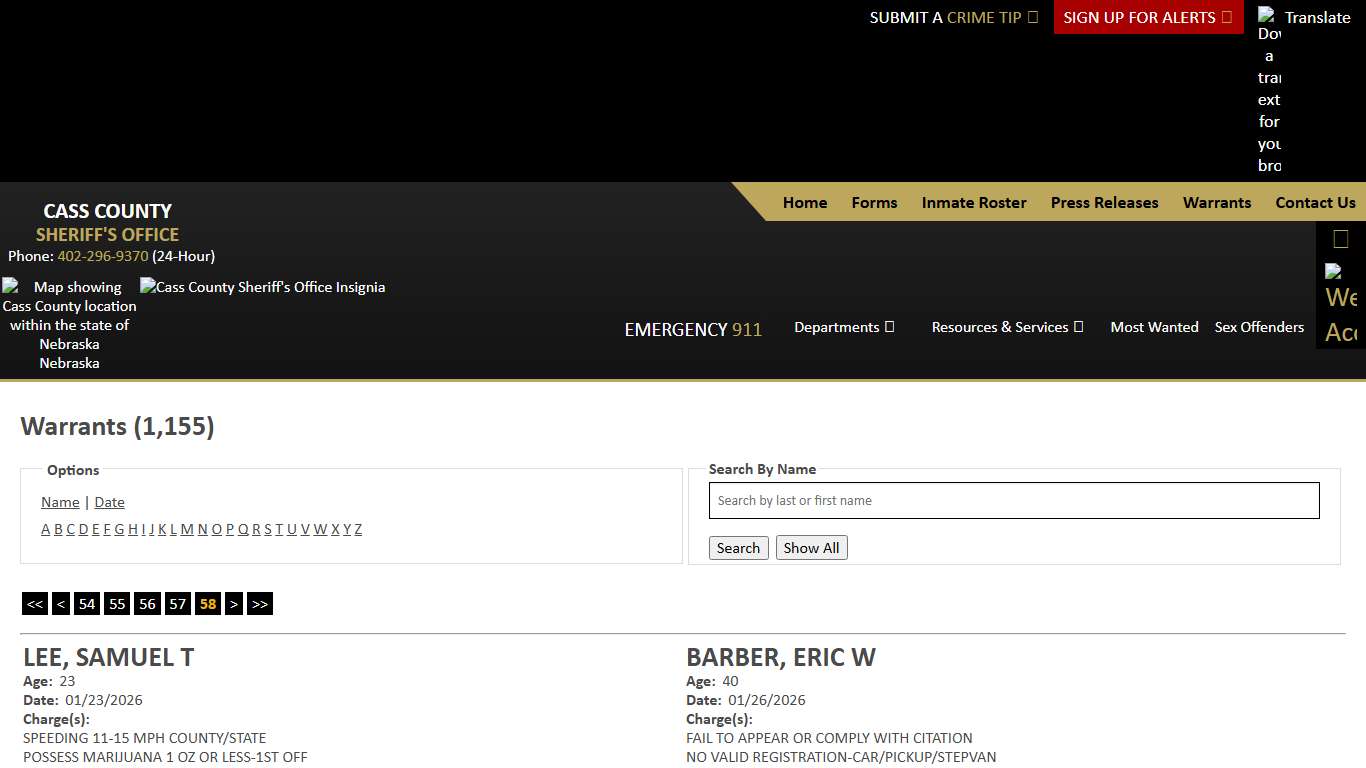 Warrants - Page 58 - - Cass County NE Sheriff's Office